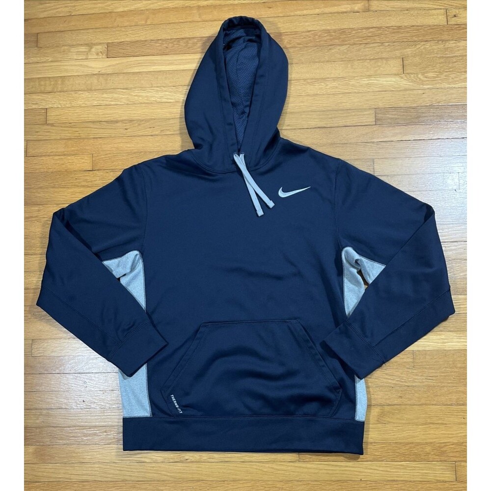 Nike Therma-Fit Hoodie Mens Medium Navy Blue Gray Fleece Sweatshirt